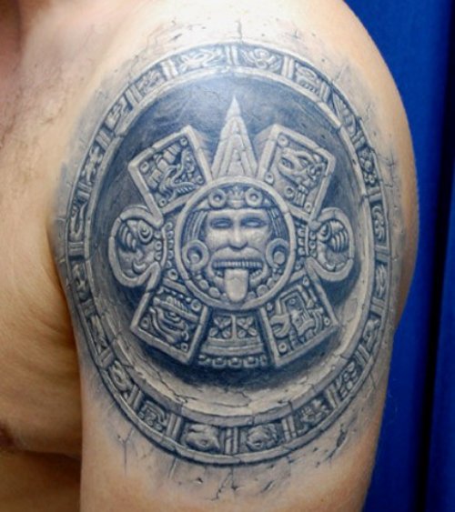 Grey Ink Aztec Sun Optical Illusion Tattoo On Left Shoulder